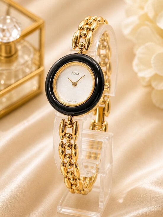 Gucci Accessories - Authentic Vintage Gucci Gold Tone Bracelet Watch Enamel Bezel Women’s Swiss Made